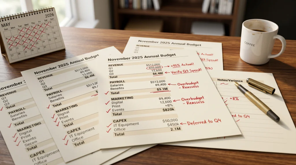 Printed November budget pages on a desk with red-pen variance markings spread across them, beside a coffee mug and calendar showing late May in morning light