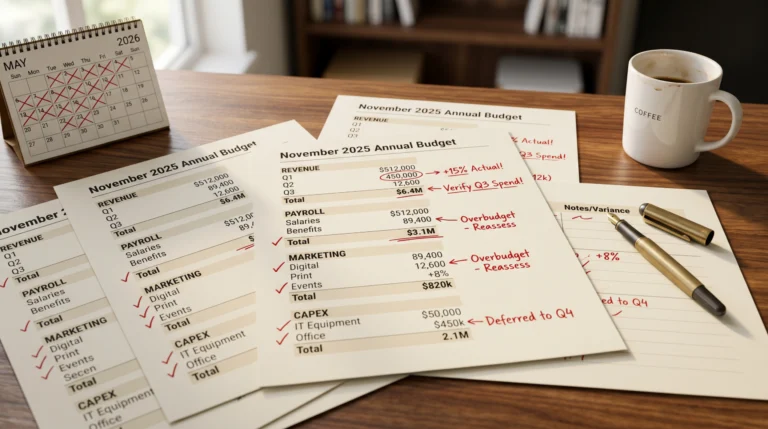 Printed November budget pages on a desk with red-pen variance markings spread across them, beside a coffee mug and calendar showing late May in morning light