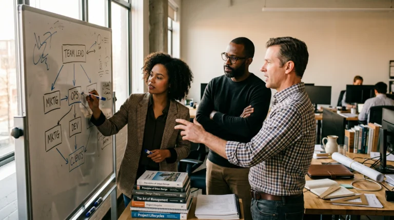 Three people gathered at a whiteboard in an office, candid photojournalism shot, one writing on the board while two others discuss, late afternoon light through a window