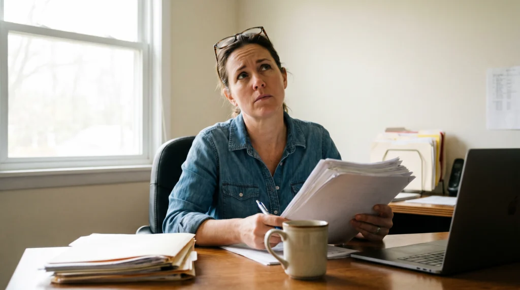 A business owner at a desk holding a multi-page financial report, glasses pushed up onto forehead in a moment of contemplation, candid photojournalism shot in late morning light