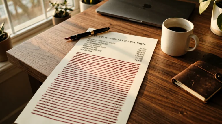 A printed monthly P&L with most line items crossed out in red ink, leaving a handful of numbers visible, beside a fountain pen and coffee mug in morning light