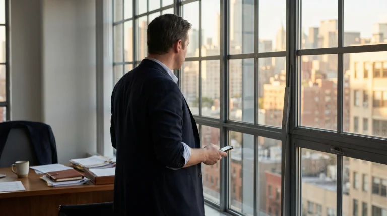 A business owner standing at an office window looking out at a city skyline holding a phone, candid photojournalism shot, late afternoon warm light