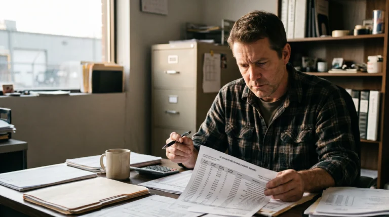A small business owner reviewing a printed AR aging report at a desk in late afternoon light, focused on a column of overdue invoices