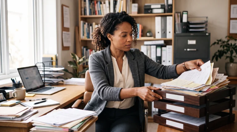 A business owner at a cluttered desk reorganizing scattered paperwork into labeled trays as morning light comes through the window