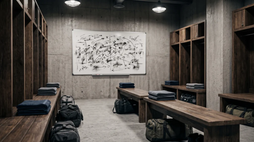 An empty locker room at halftime with a whiteboard covered in first-half numbers and a marked-up game plan