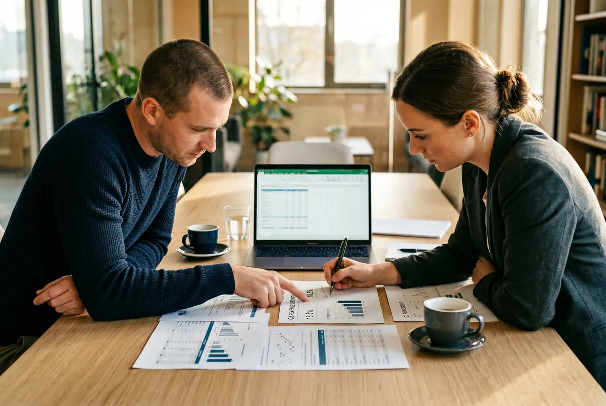 Fractional CFO reviewing financial strategy alongside a business owner at a shared desk
